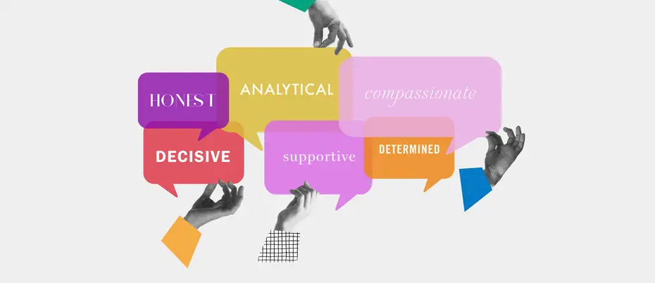 Gendered words "honest," "decisive," "analytical," "supportive," "determined," and "compassionate" in dialogue bubbles