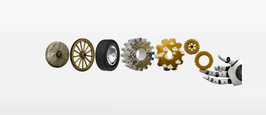An illustration of the progression of a wheel made from stone to wood to rubber tire to circuit board to cloud computing to a cogwheel with a robot hand 
