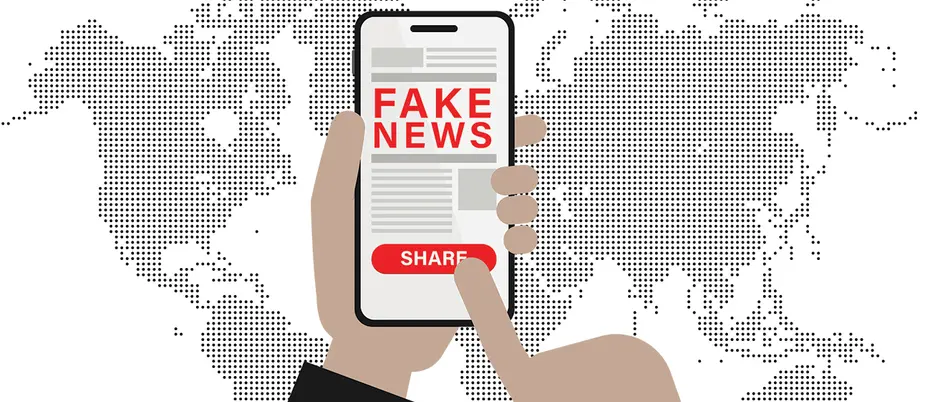 Cell phone sharing fake news with world map in background