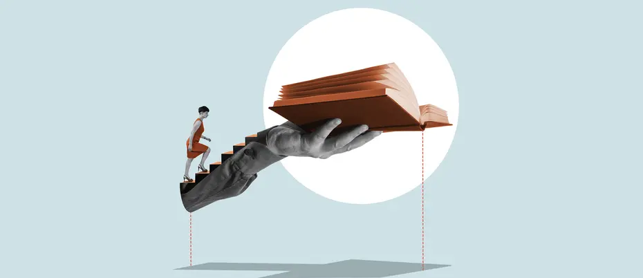 A person walks on an abstract hand that's also stairs leading to an open book