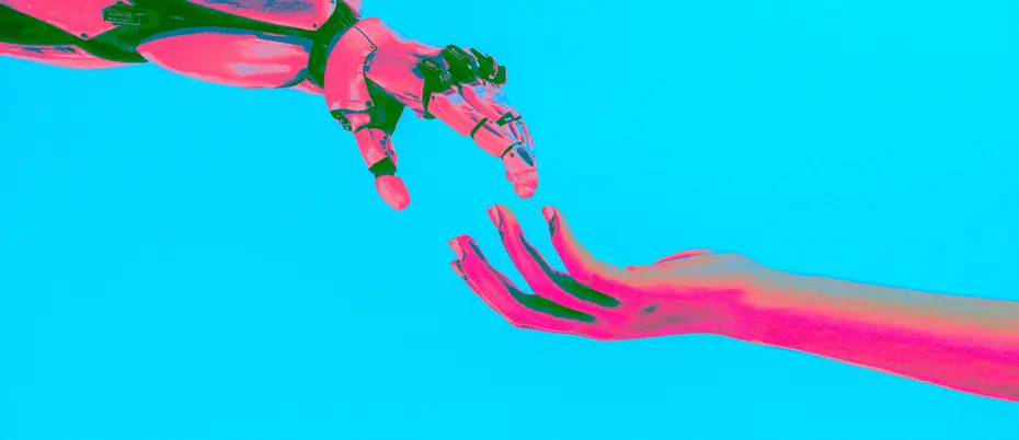 A robot hand and a human hand connect