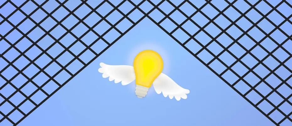A lightbulb with wings is surrounded by a fence