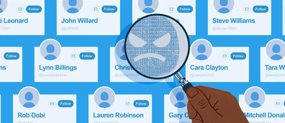 A magnifying glass shows a twitter bot