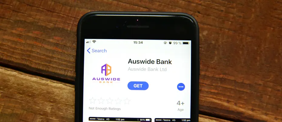 Auswide Bank iPhone app open on table