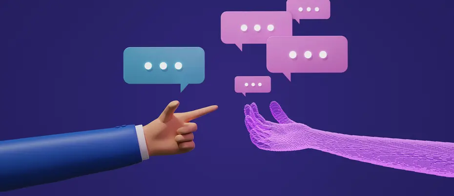 Chat bubbles between a human hand and a robot hand