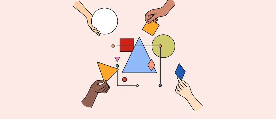 An illustration of hands holding various shapes to assemble a project