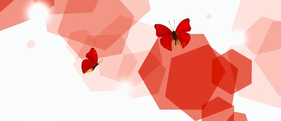 Two red butterflies fly among a plethora of red hexagons