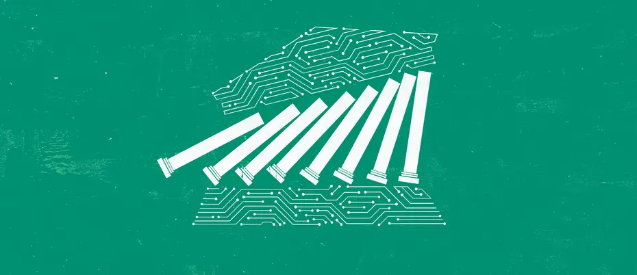 An illustration of a bank composed of AI network imagery whose columns are starting to fall