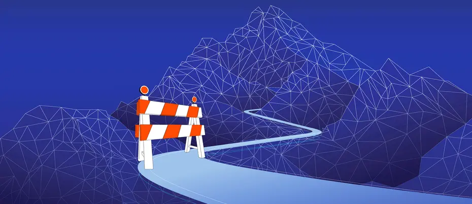 A roadblock is blocking the path to a digital mountain