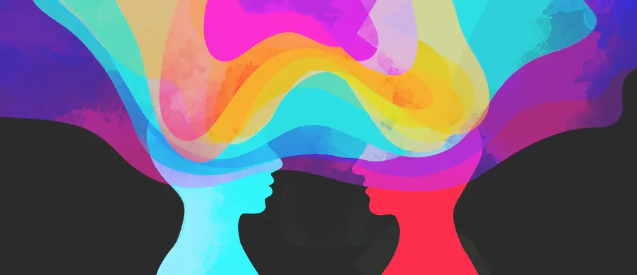 Silhouettes of two people are surrounded by colorful shapes connecting them