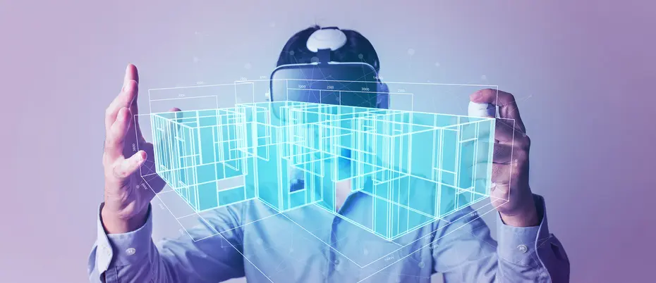 Worker wearing a VR headset and working with metaverse of a building