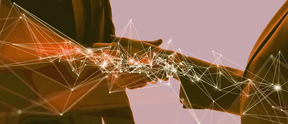 Two business people shaking hands with digital network graphics juxtaposed on top