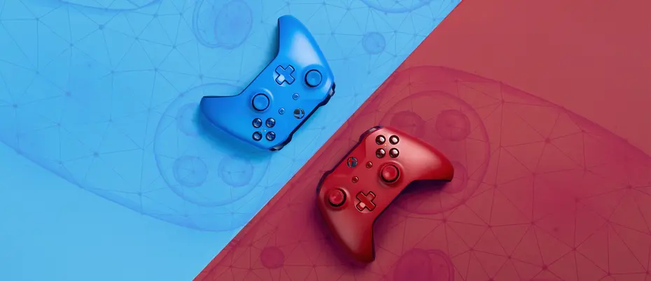 Xbox controllers with AI network graphics in the background