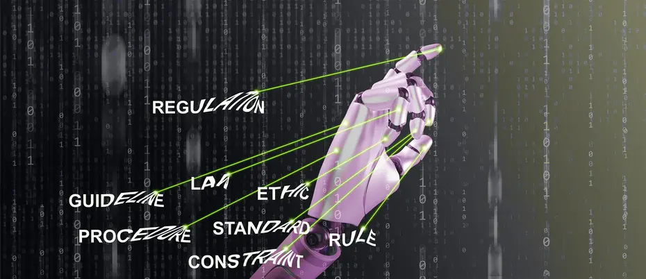 A robotic hand is pulled and controlled by the words: "law," "guideline," "rule," "constraint," "standard," and "ethic."