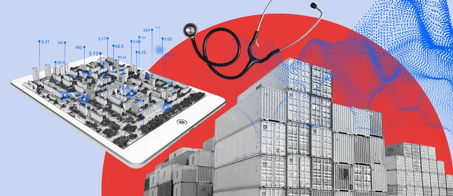 A collage with a stethescope, cargo shipping containers, real estate, and data analytics graphics