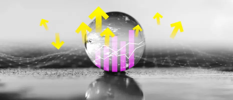 Various data analytics graphics overlayed on a glass ball