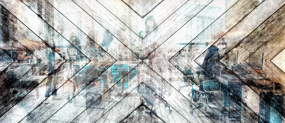 A graphic of wooden block that looks like an "X" juxtaposed with workers