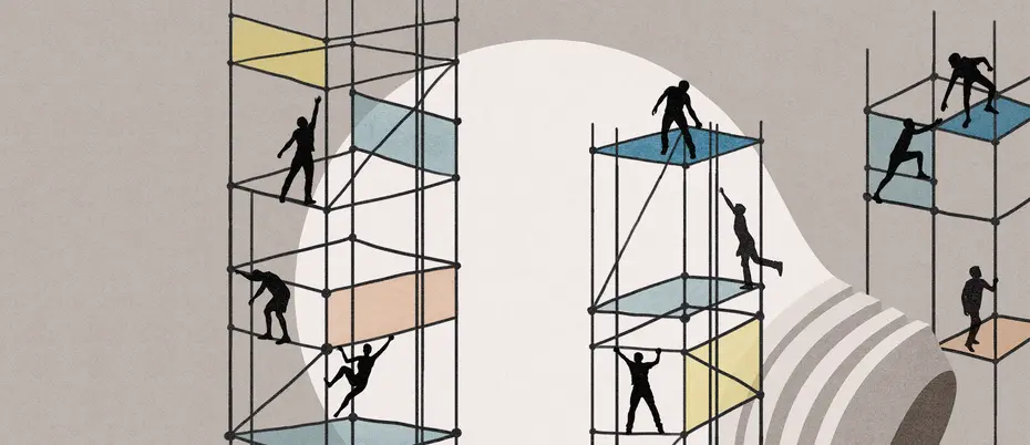 An illustration of people climbing ladders with a lightbulb in the background