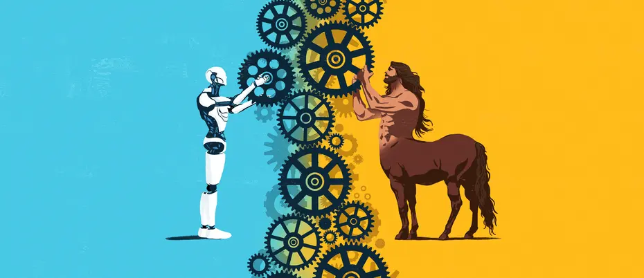 A cyborg and centaur are manipulating cogwheels
