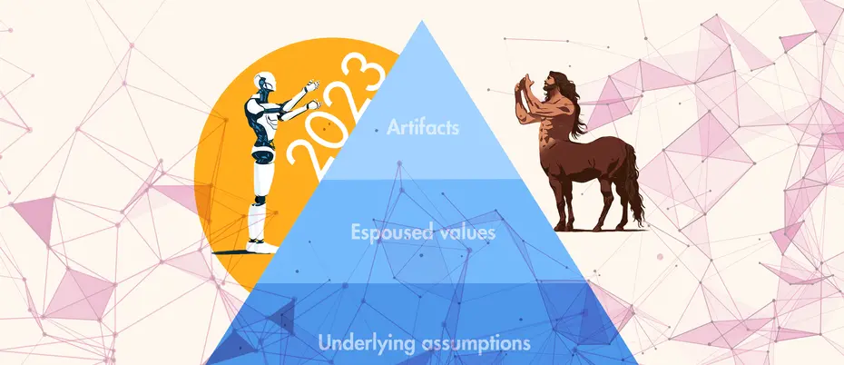 A collage of various graphics including a sun with the word "2023," a cyborg, and a centaur surrounded by algorithm imagery