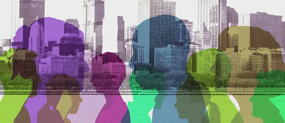 large syyline with silhouettes