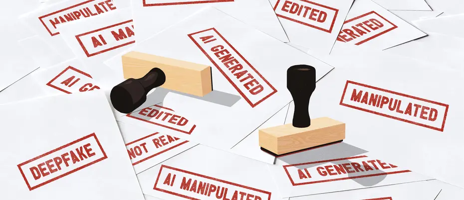 A plethora of papers with red stamps of the words: "deepfake," "AI generated," "edited," "AI manipulated," "synthetic," and "not real."