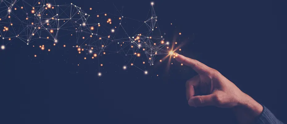A hand touches flowing data/AI imagery