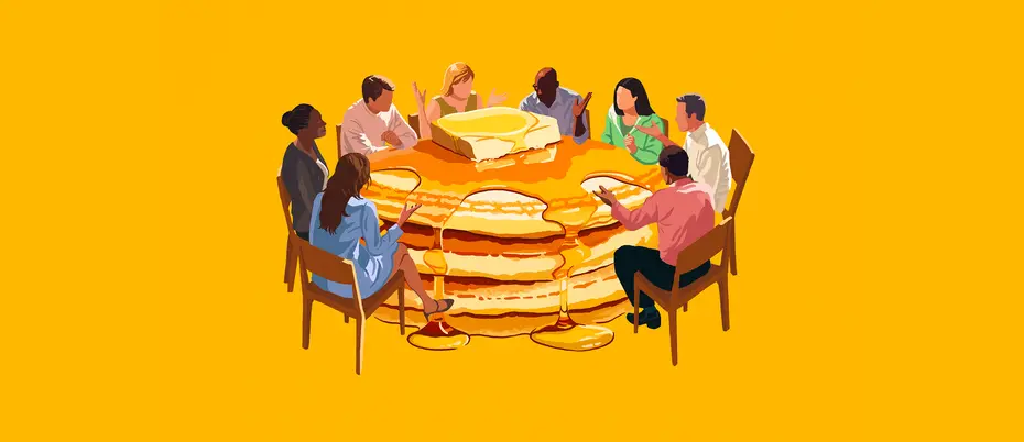 An illustration of a diverse mix of people surrounding a table that looks like a stack of pancakes