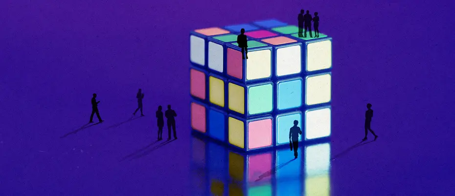 An illustration of people walking around a larger than life rubik cube