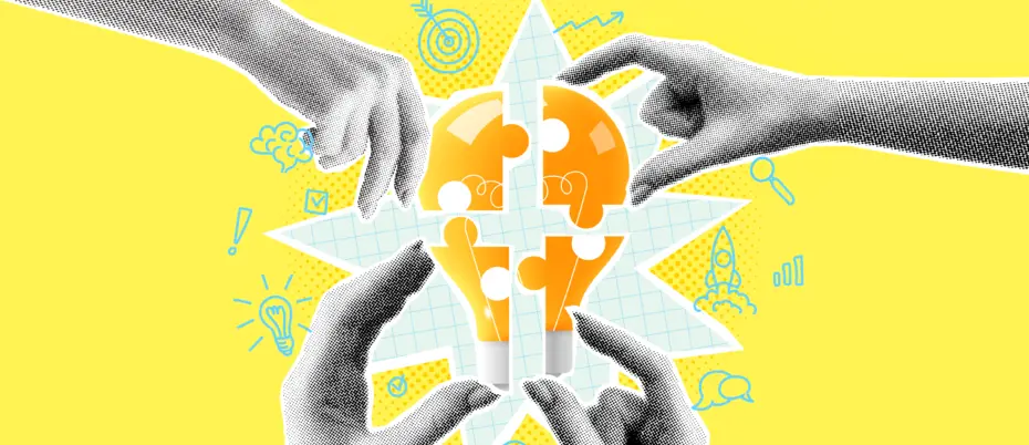 Various hands reassemble a puzzle that's a lightbulb