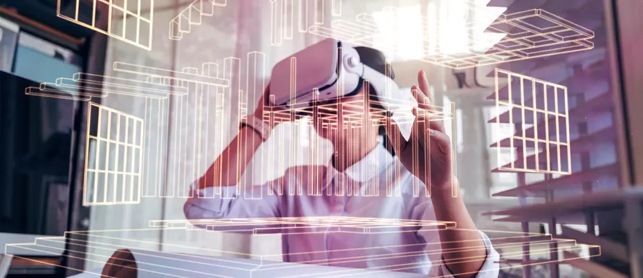 An architect or engineer wears a VR headset and works on a 3D architectural precast concrete building model 