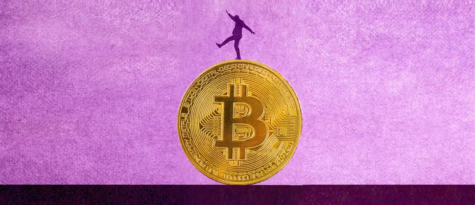 Illustration of a person balancing on top of large bitcoin