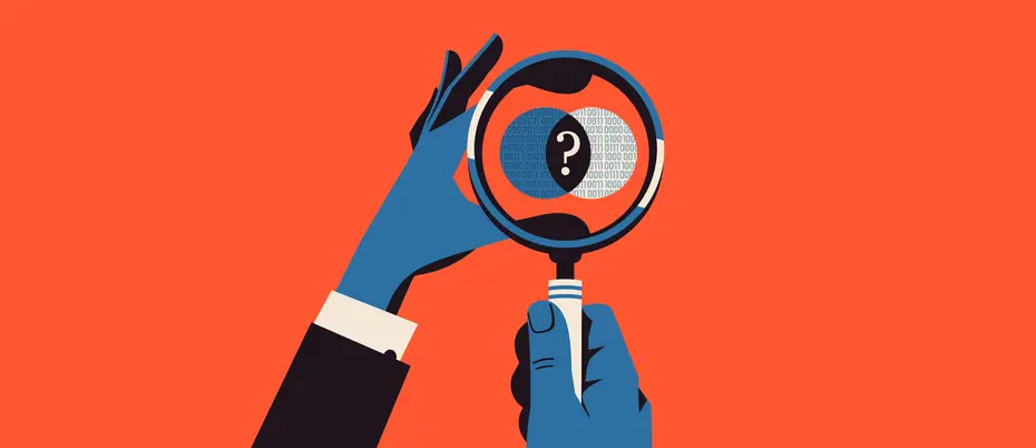 An illustration of hands holding a magnifying glass with data and a question mark inside