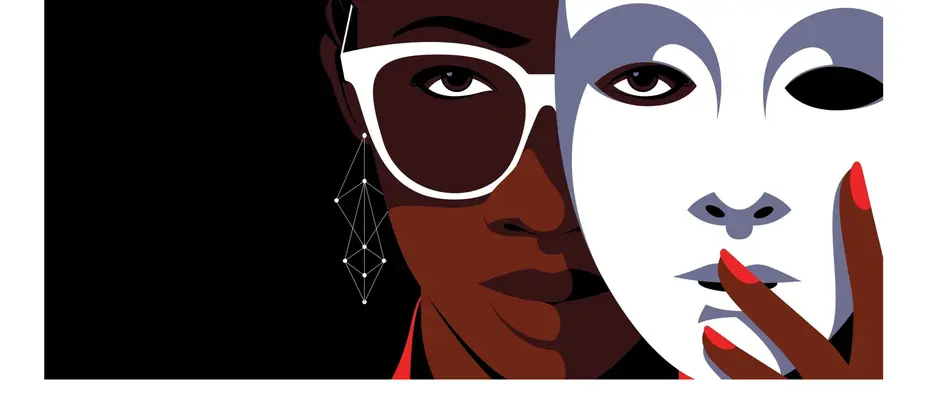 The book cover of "Unmasking AI" -  an illustration of a person of color holding a white mask