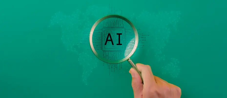 A person holds a magnifying glass with the words AI in the lens and a global network map in the background