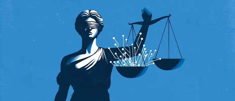 Illustration of lady justice holding a scale carrying ai network imagery