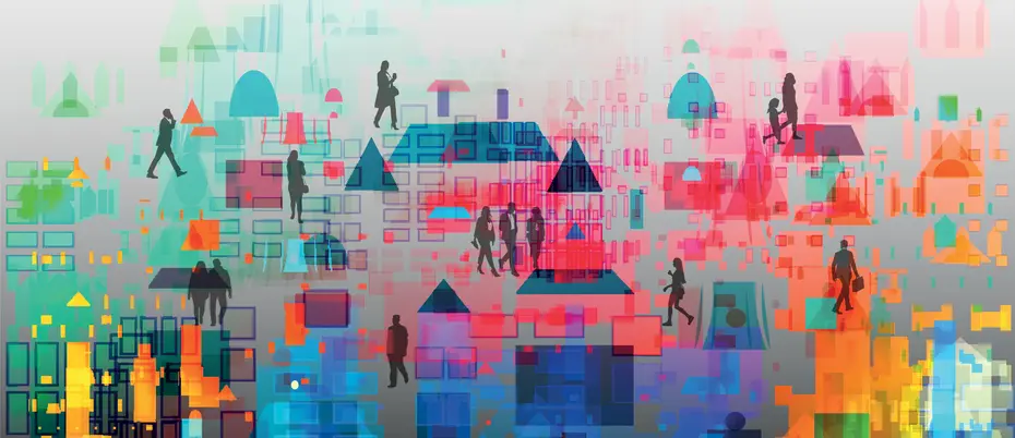 An abstract city with silhouettes of people