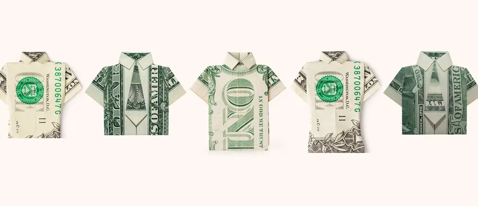 A row of dollar origami shirts