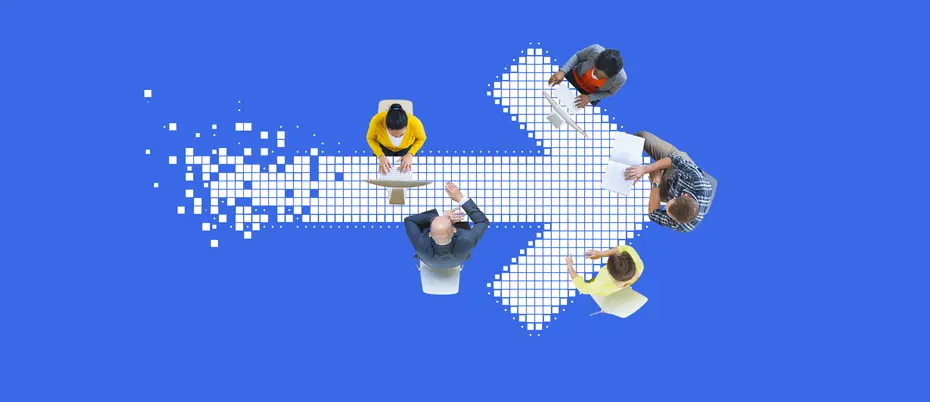 Workers sit around an arrow made of pixels