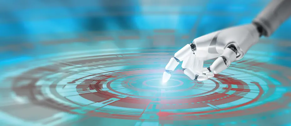 AI robot hand touches a digital-looking ring of water