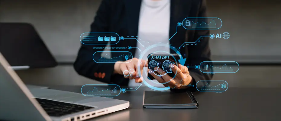 A worker uses Chat GPT with a tablet