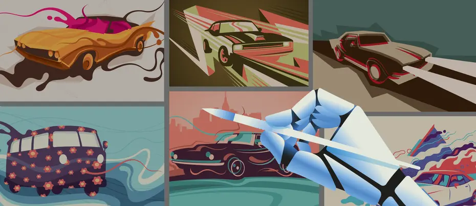 A robot hand holds a brush on top of a collage of illustrated motor vehicles