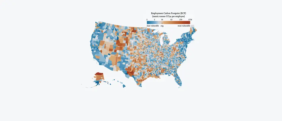A map that shows employment vulnerability to the energy transition (E-VET) by measuring the employment carbon footprint (ECF) of U.S. counties
