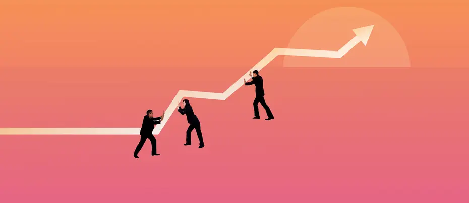 Graphic of workers holding up a financial markets graph line