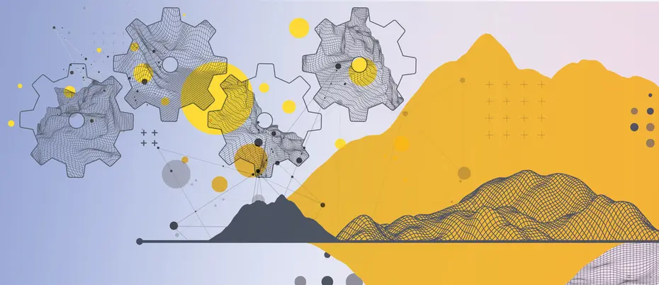 An illustration of an abstract graph and cogwheels