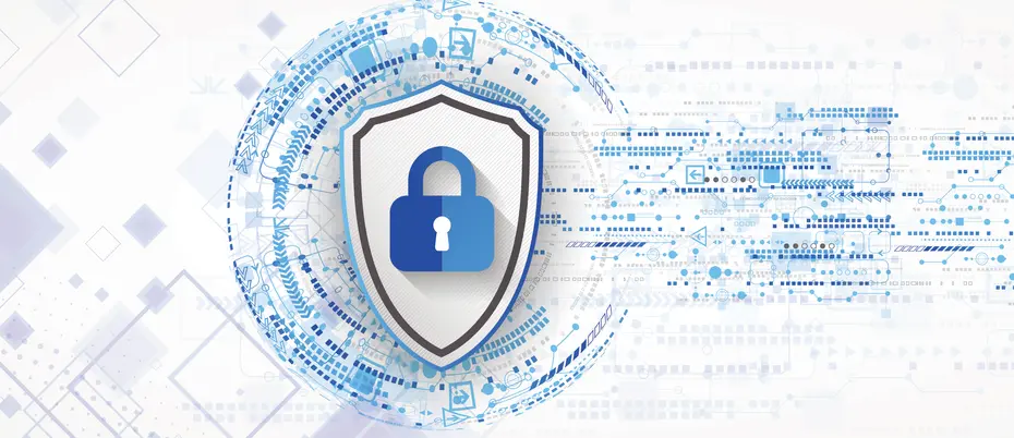 An illustration of a lock inside a shield with abstract digital graphics