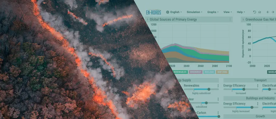 A photograph of a forest wildfire next to a screenshot of the en-ROADS climate simulator