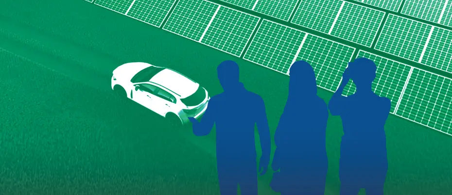 A group of people look at rows of solar panels and an electric vehicle
