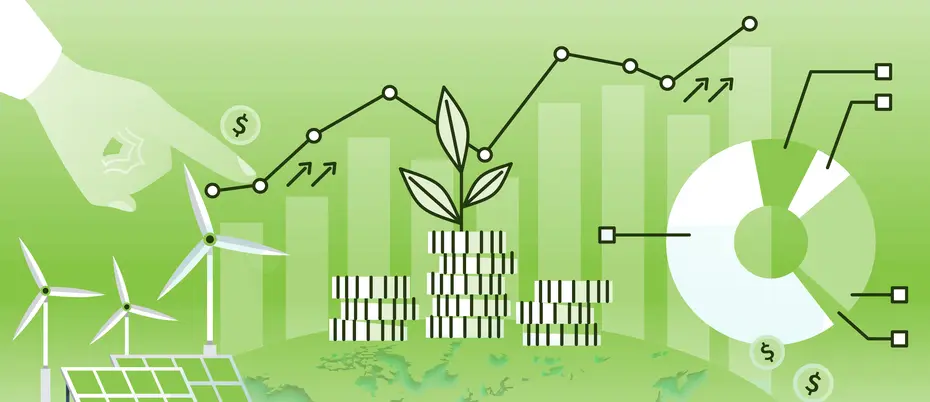 A collage of impact investing imagery: a plant growing from a pile of coins, a world map, solar panels and windmill, and financial charts