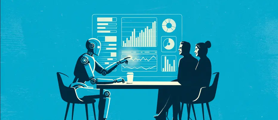 A robot presents financial charts to a couple